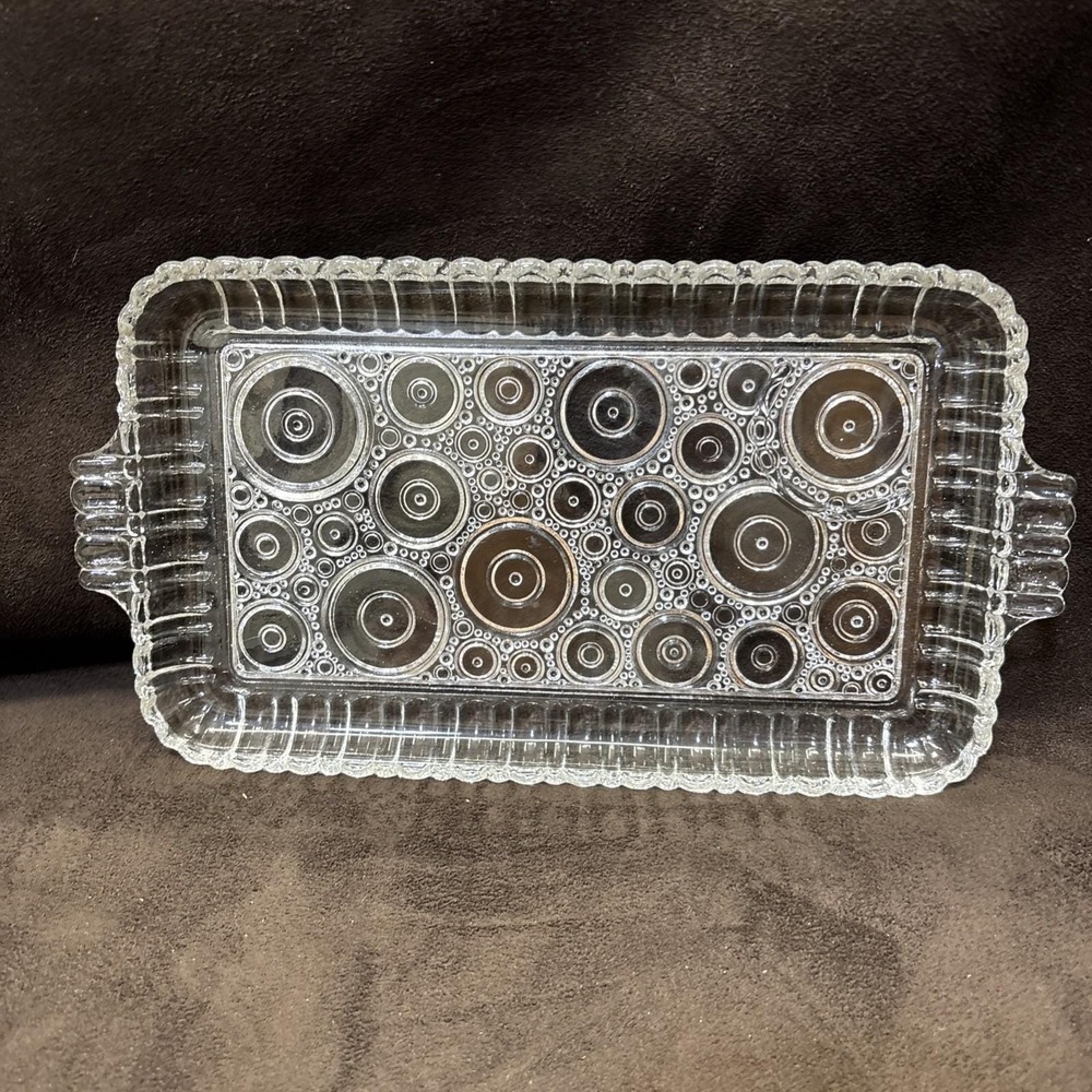 Clear Pressed Glass Rectangle Serving Tray w/ Handles Circle Pattern 11x6 in